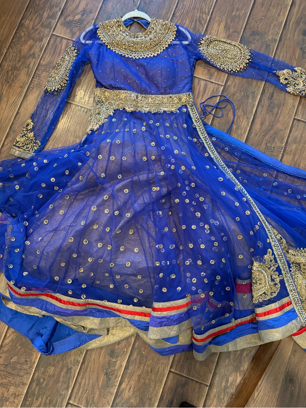 Embellished Royal Blue Anarkali Dress with Gold Accents
